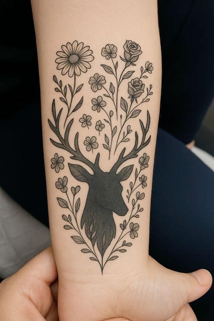 Bold Deer Silhouette with Flowers, a tattoo design rendered in clean detailed linework for the arm.