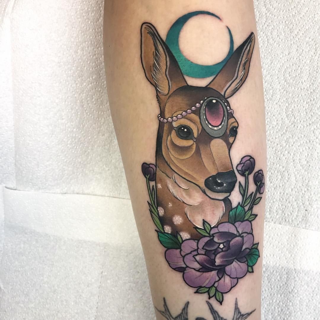 Doe with Jewel and Crescent Moon, a tattoo design rendered in clean detailed linework.