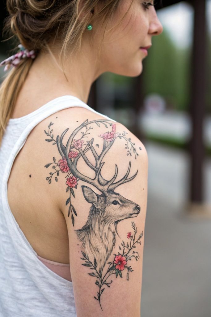 Floral Deer Shoulder Tattoo, a tattoo design rendered in delicate fine-line for the leg.