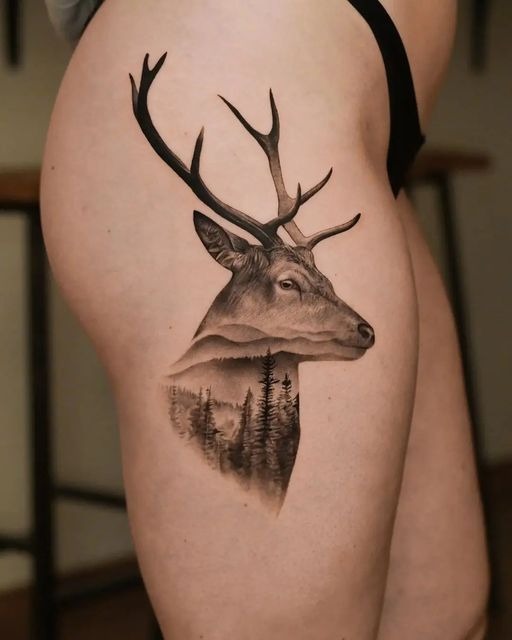 Forest Scene Within a Stag, a tattoo design rendered in clean detailed linework.