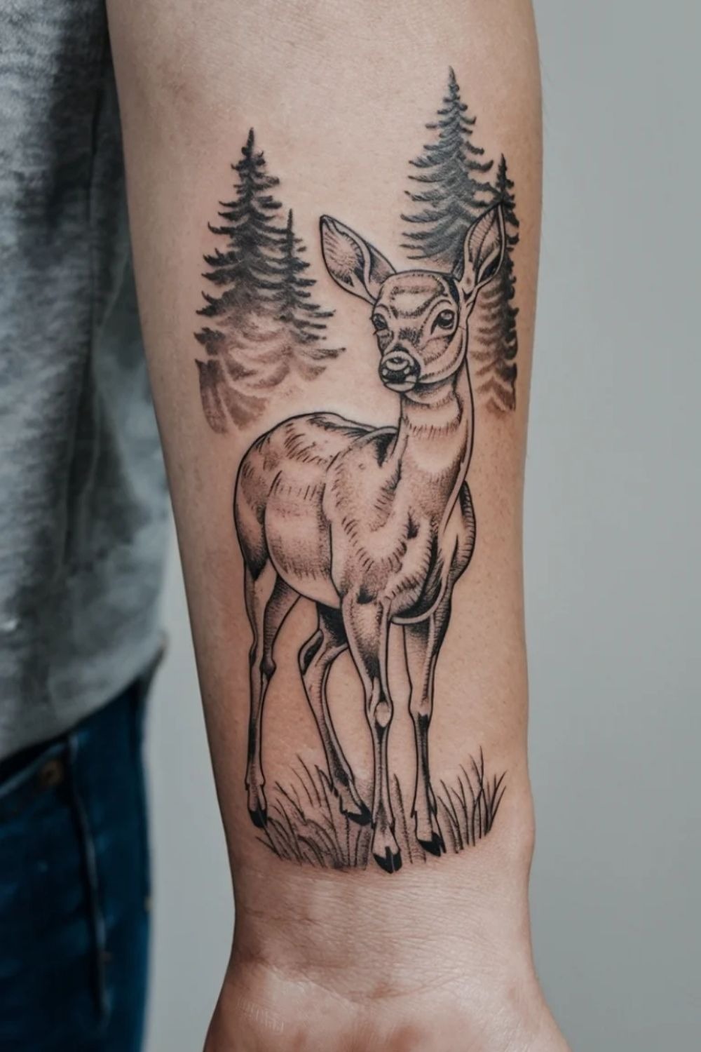 Gentle Doe in the Pines, a tattoo design rendered in clean detailed linework for the back.