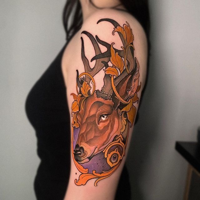 Neo Traditional Deer with Orange Florals, a tattoo design rendered in clean detailed linework.