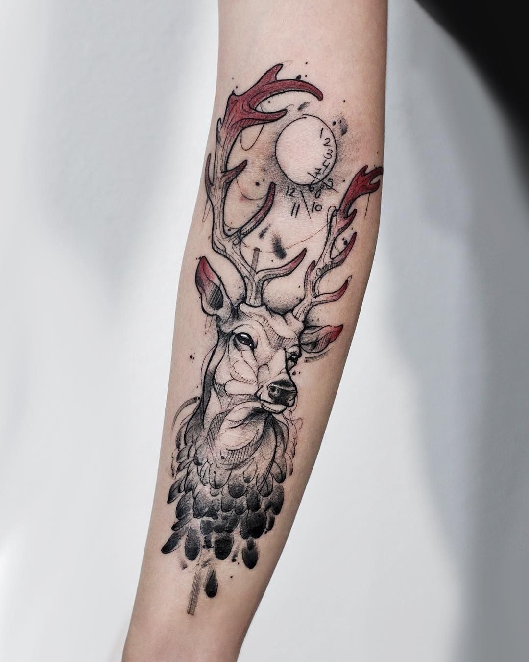 Neo Traditional Red Antler Deer, a tattoo design rendered in bold traditional for the forearm.