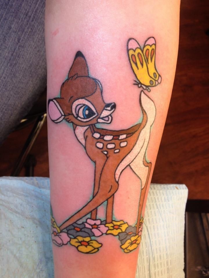 Playful, Bambi-Inspired Deer, a tattoo design rendered in bold for the sleeve.
