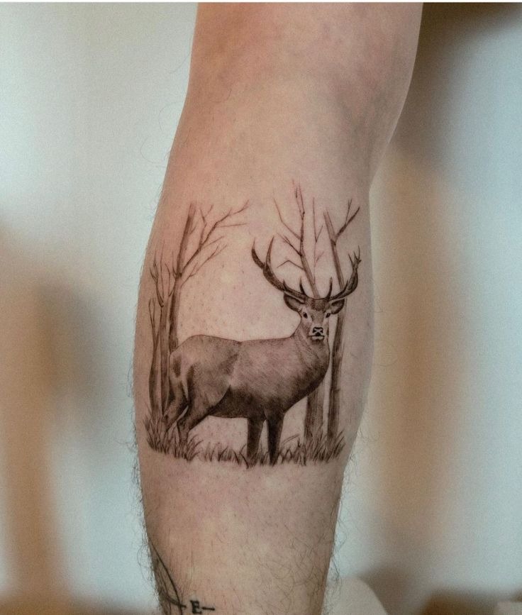 Realistic Stag in the Woods, a tattoo design rendered in clean detailed linework.