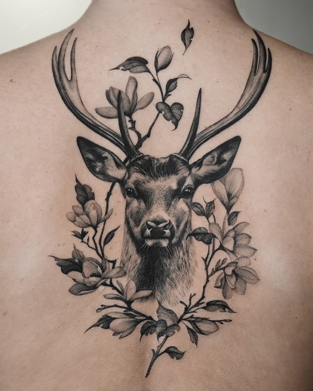 Regal Black and Gray Stag, a tattoo design rendered in delicate fine-line.