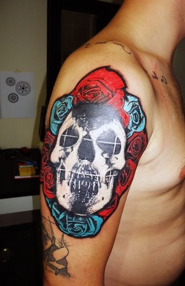 Colored Skull and Roses Shoulder Piece Tattoo Design
