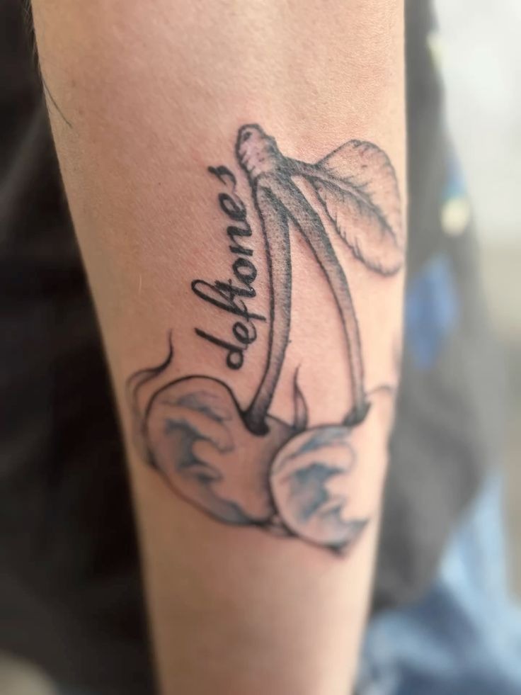 Minimal Cherry Branch with Script Tattoo Design