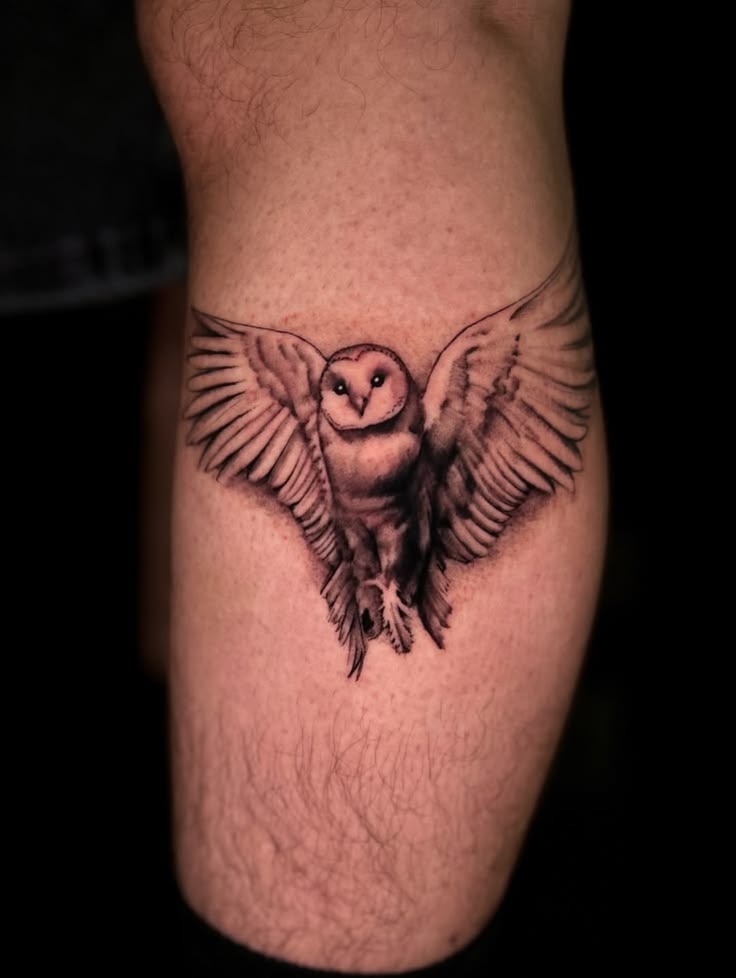 Realistic Flying Owl with Lechuza Symbolism Tattoo Design