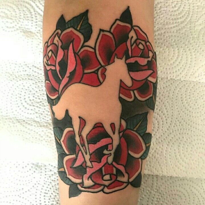 White Pony Silhouette with Traditional Roses Tattoo Design
