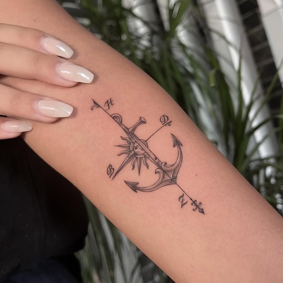 Stylish anchor tattoo with compass and sun Tattoo Design