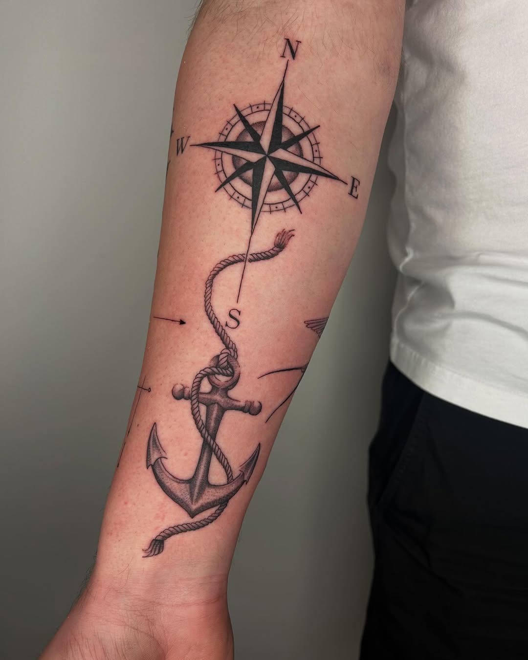 Stylish anchor tattoo with compass design Tattoo Design