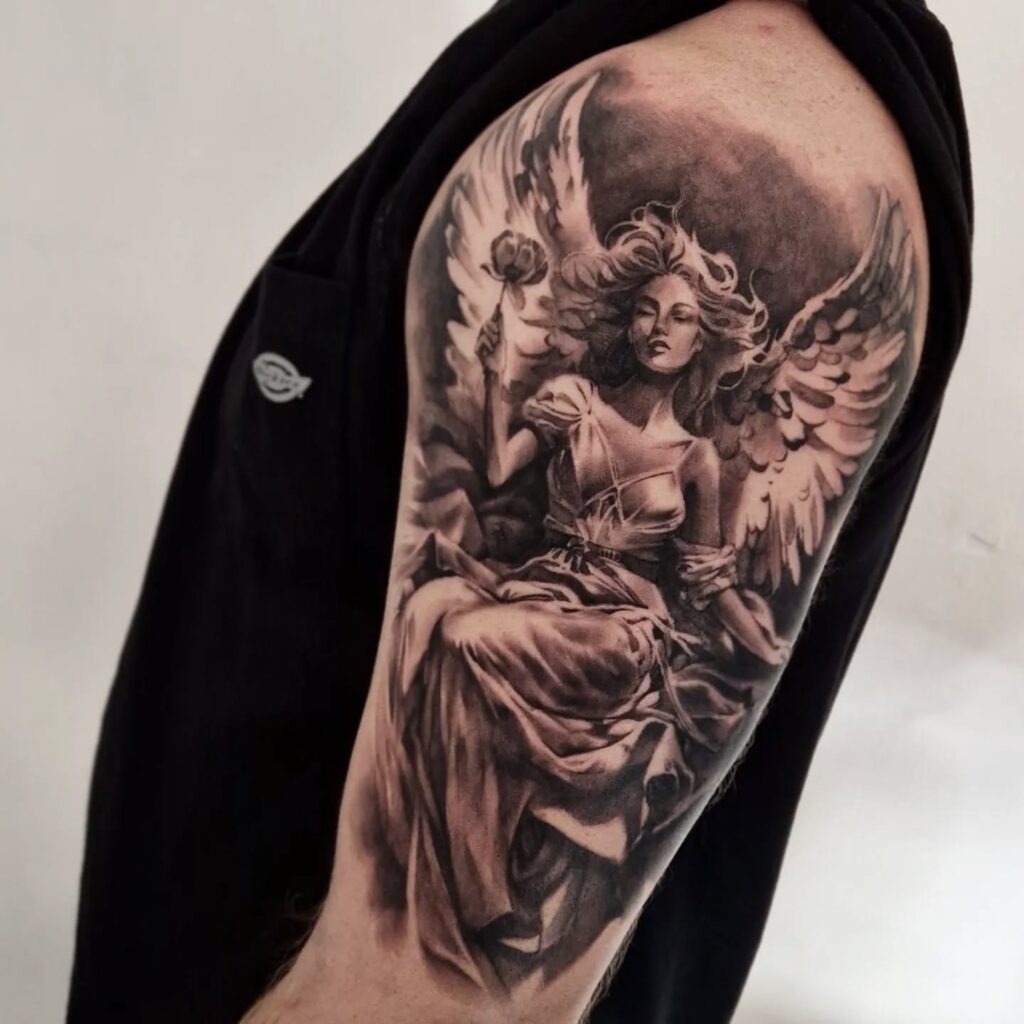 Celestial Angel with Rose Tattoo Tattoo Design