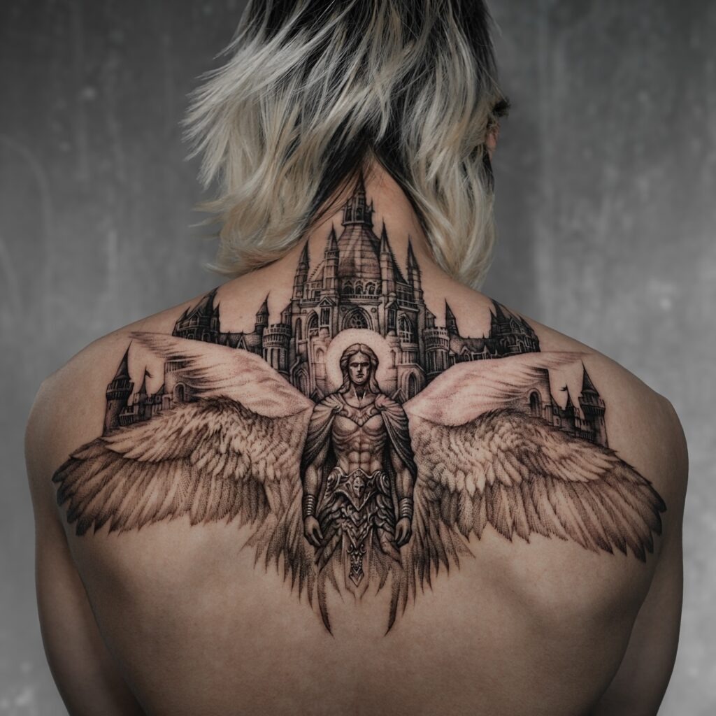 Guardian Archangel and Celestial Fortress Tattoo Tattoo Design