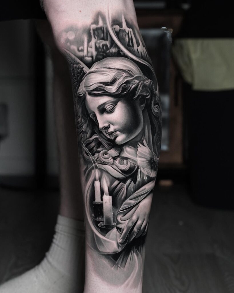 Serene Angel with Candlelight Tattoo Tattoo Design