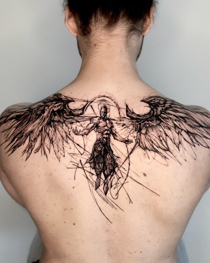 Sketch-Style Warrior Angel Back Tattoo Tattoo Design