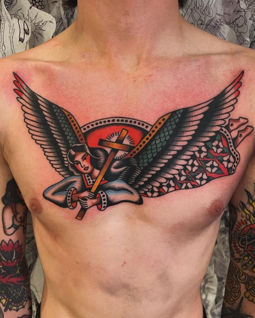 Traditional Angel Chest Tattoo Tattoo Design