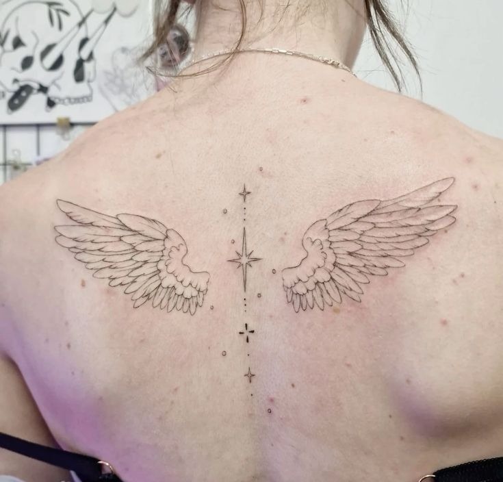 Fine Line Angel Wings On Back Tattoo Design