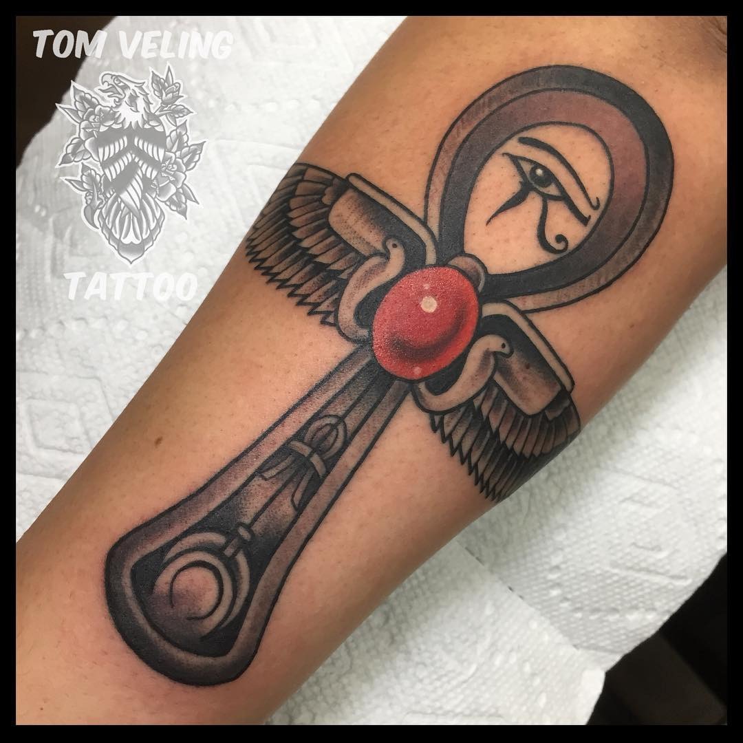 Bold ankh tattoo with eye and wings Tattoo Design