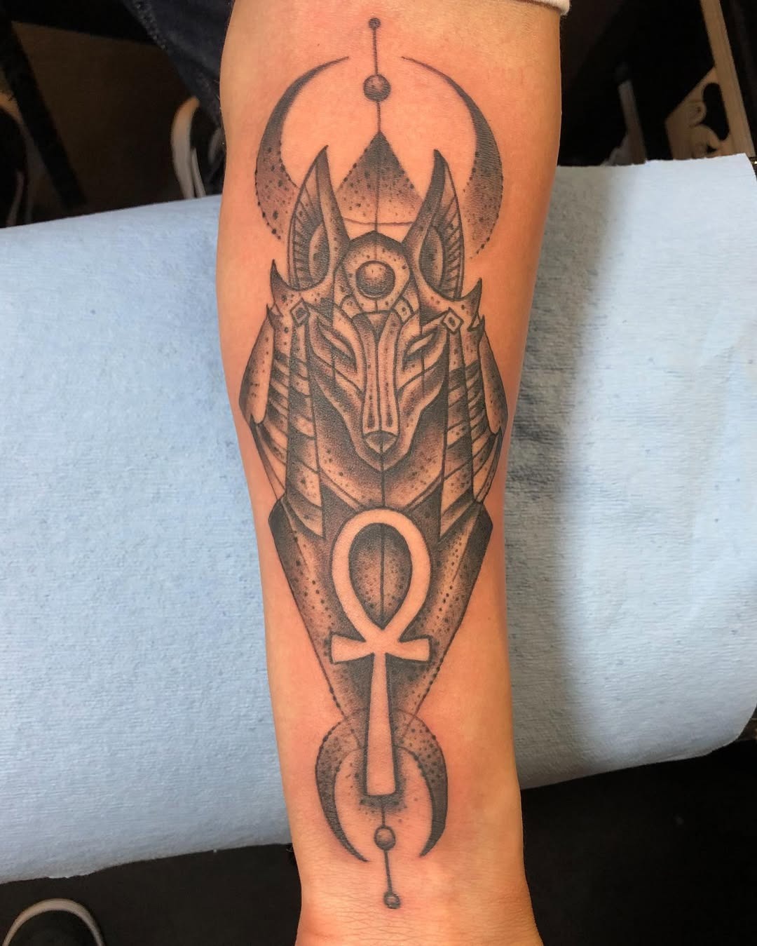 Intricate Ankh Tattoo Featuring Anubis Design Tattoo Design