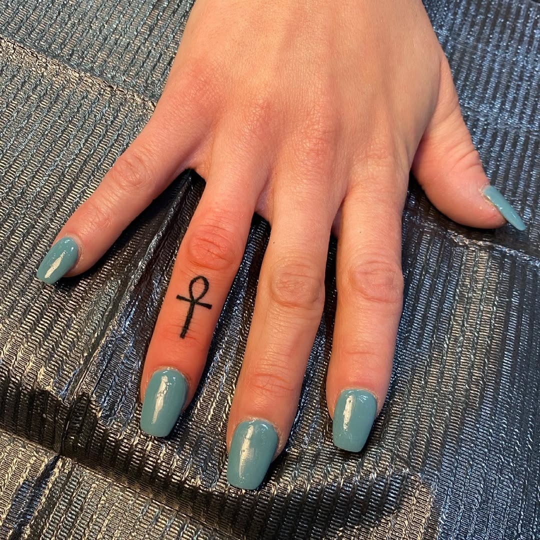 Stylish Ankh Tattoo on Hand Finger Tattoo Design