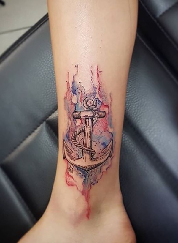 Anchor Surrounded by Red and Blue Ankle Tattoo Tattoo Design