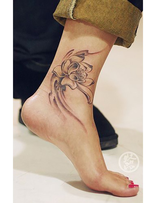 Blooming Lotus Flower and Lines Ankle Tattoo Tattoo Design