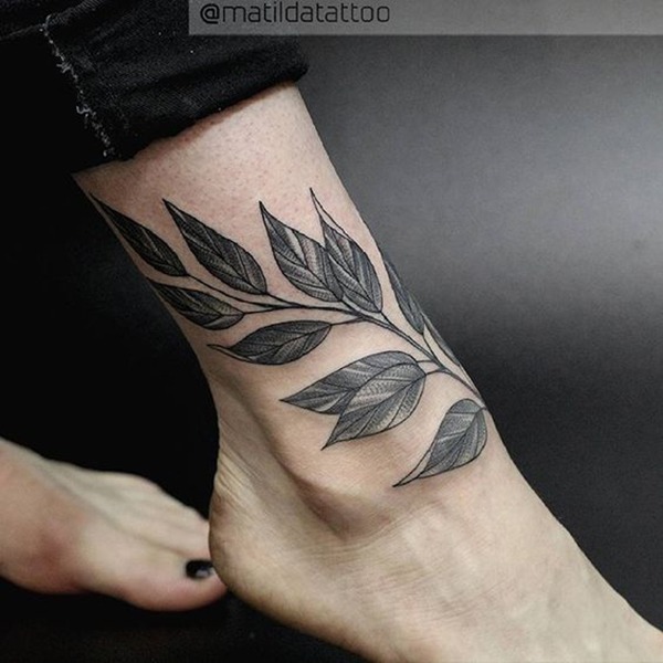 Branch Full of Detailed Leaves Ankle Tattoo Tattoo Design
