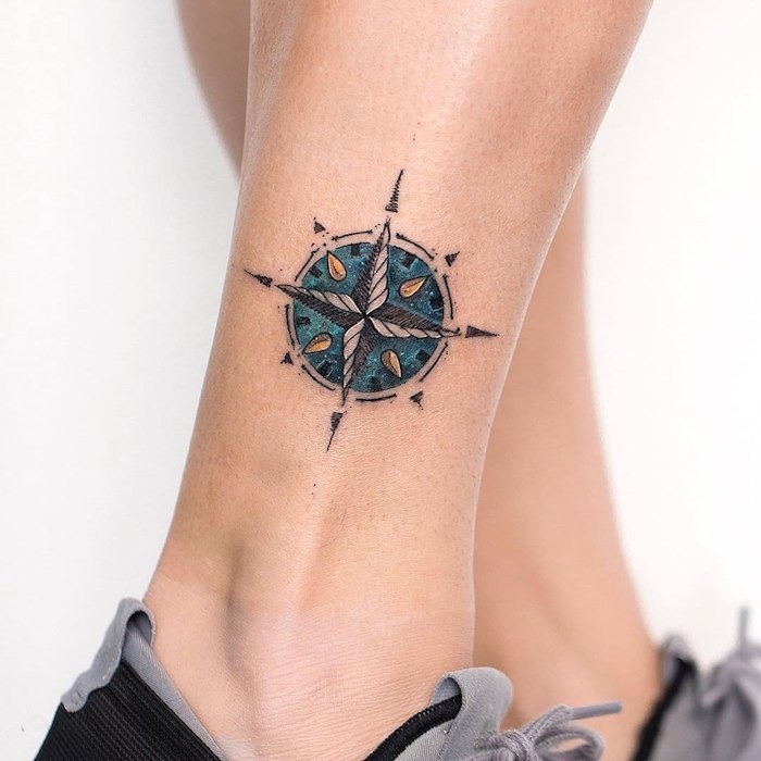 Colorful Compass Rose on Ankle Tattoo Design