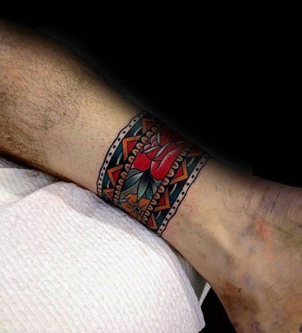 Colorful Flowers and Patterned Bands ankle tattoo Tattoo Design