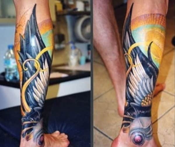 Colorful Intricate Wing on Ankle Tattoo Design