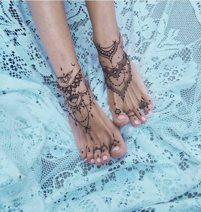 Draping Lines of Patterns on Feet and Ankles Tattoo Design
