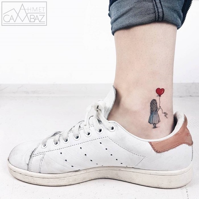 Little Girl Holding a Balloon Ankle Tattoo Tattoo Design