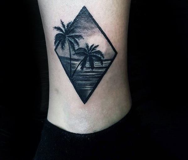 Palm Trees and Ocean in a Diamond ankle tattoo Tattoo Design