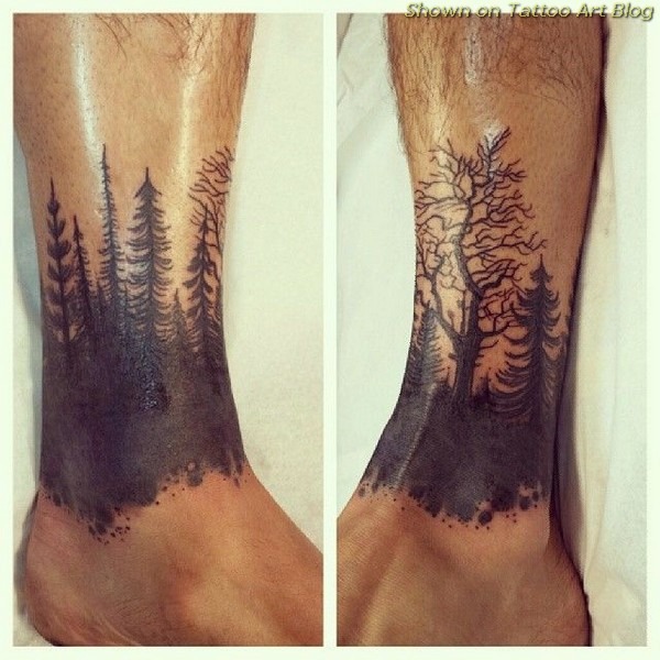 Pine Forest and Leafless Tree ankle tattoo Tattoo Design