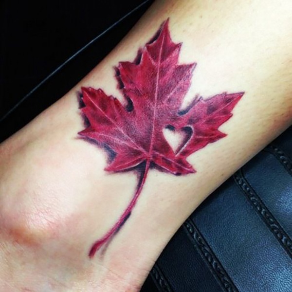 Red Maple Leaf with Heart Cut-out Ankle Tattoos Tattoo Design