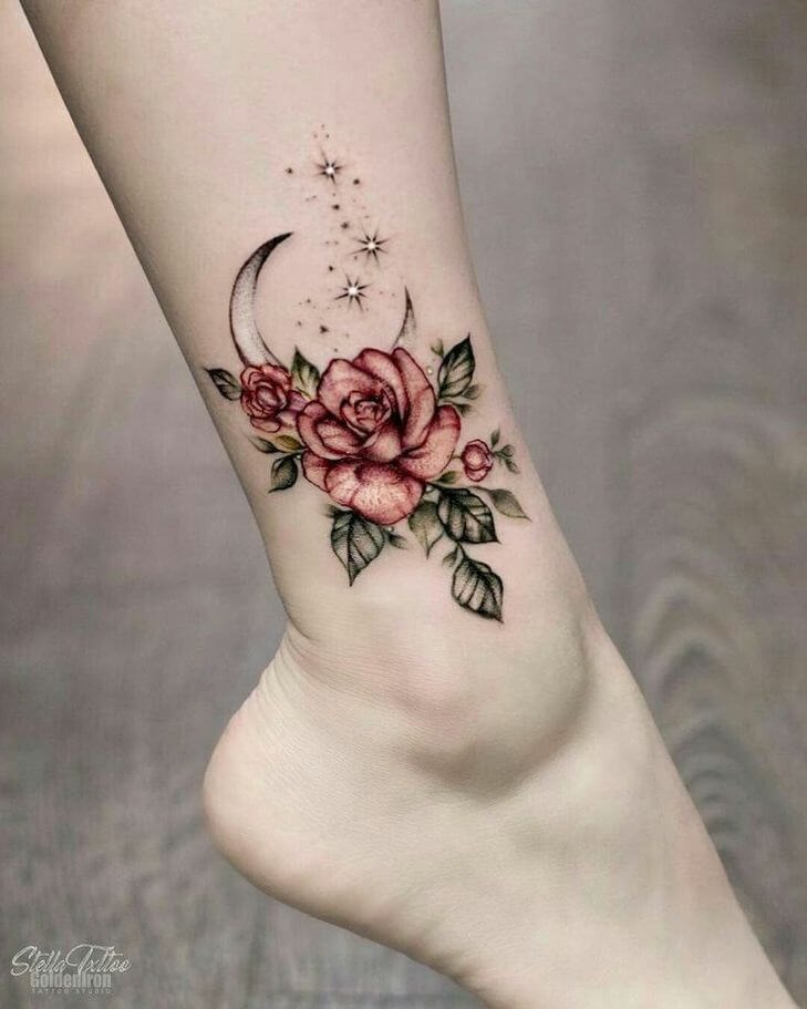 Roses with a Moon and Stars Ankle Tattoo Tattoo Design