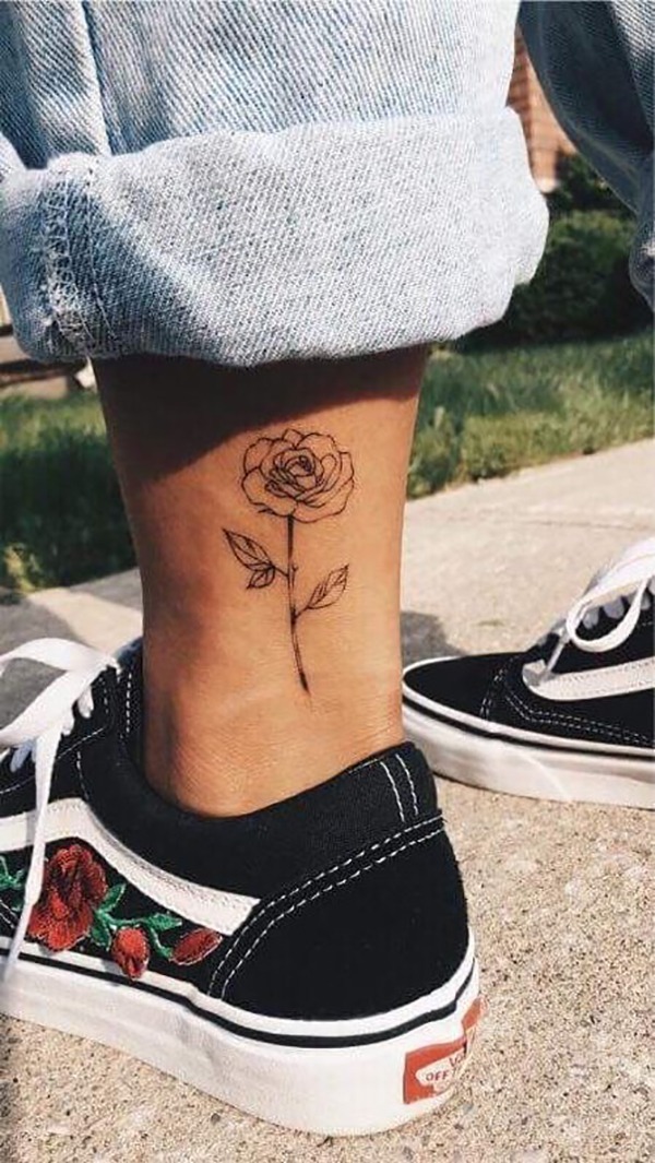 Single Delicate Rose Stem on Back of Ankle Tattoo Design