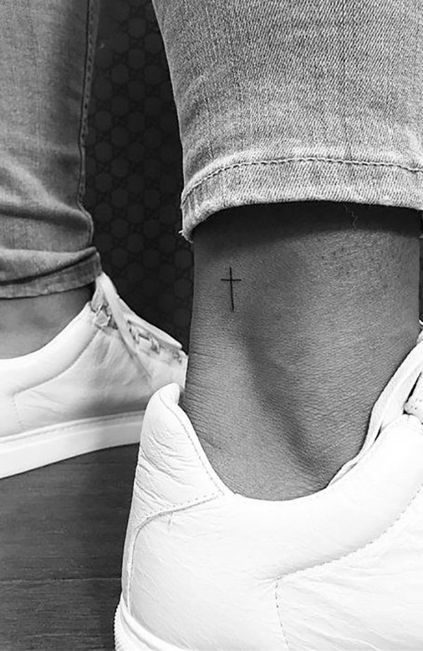 Tiny Cross on the Back of the Ankle Tattoo Design