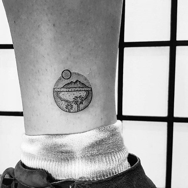 Tiny Oasis Scene in a Circle ankle tattoo Tattoo Design