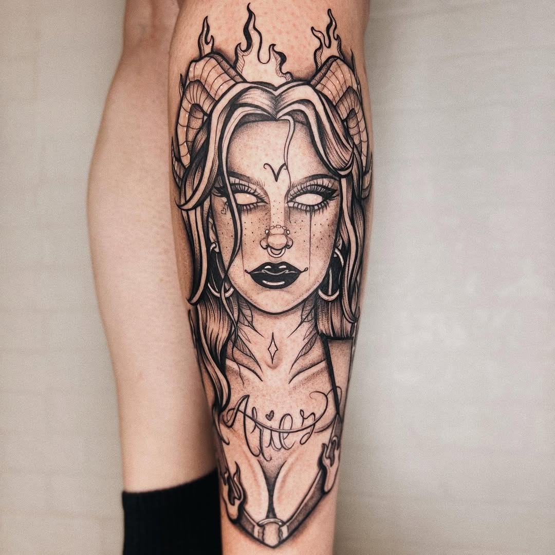 Bold Aries Tattoo with Fiery Details Tattoo Design