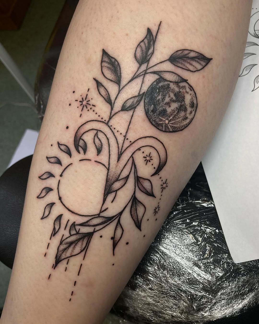 Elegant moon and sun Aries-inspired tattoo design Tattoo Design
