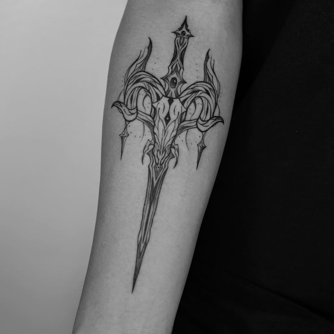 Intricate Aries Sword Tattoo with Mystical Elements Tattoo Design