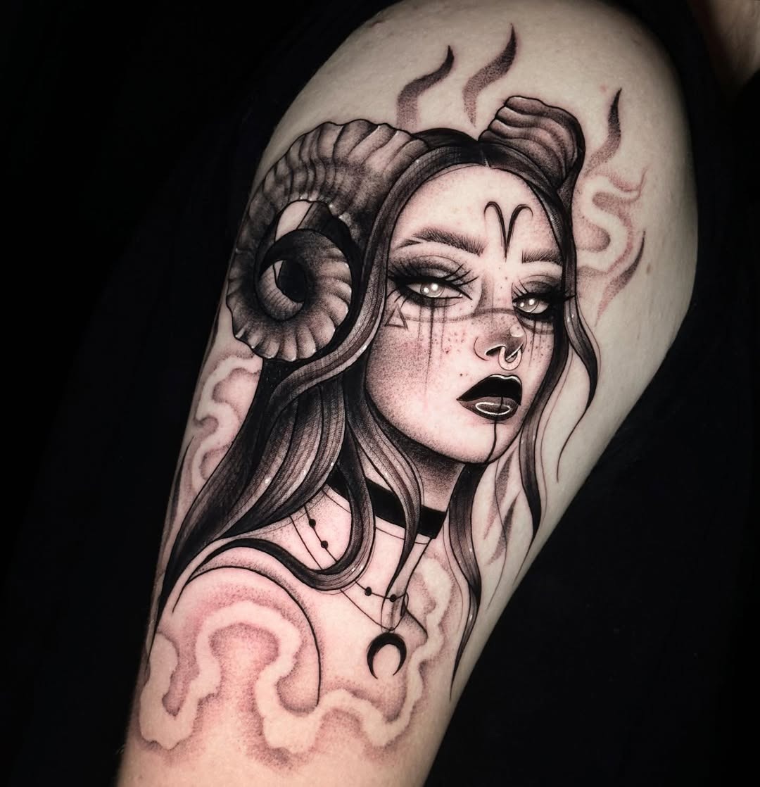 Intricate Aries-themed female tattoo design Tattoo Design