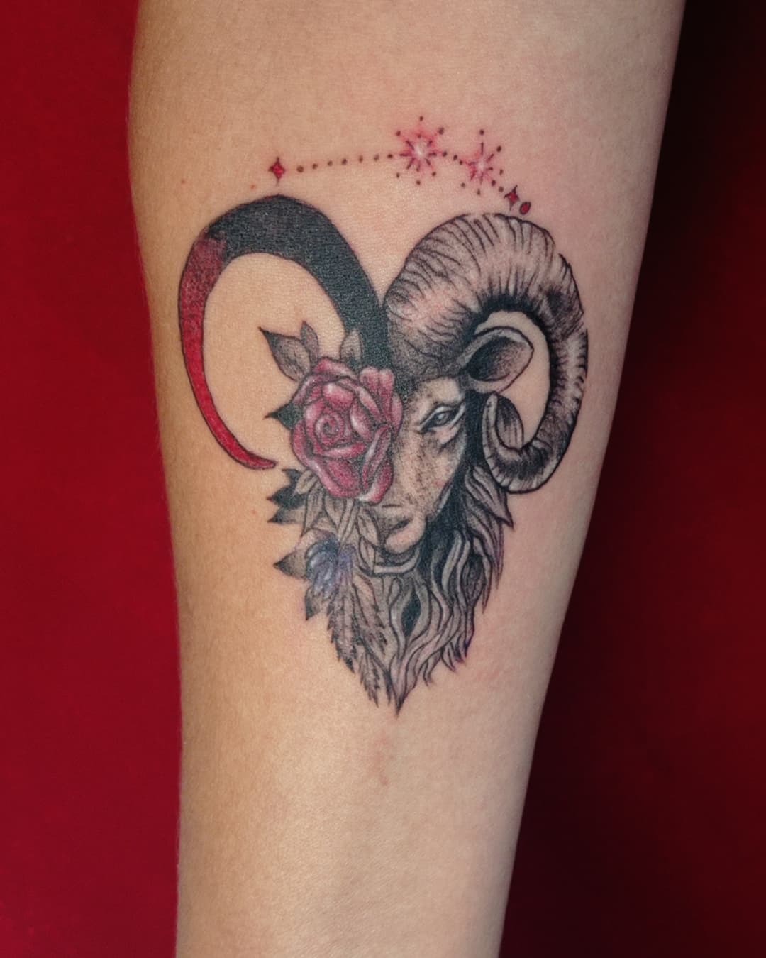 Stunning Aries tattoo with ram and rose Tattoo Design
