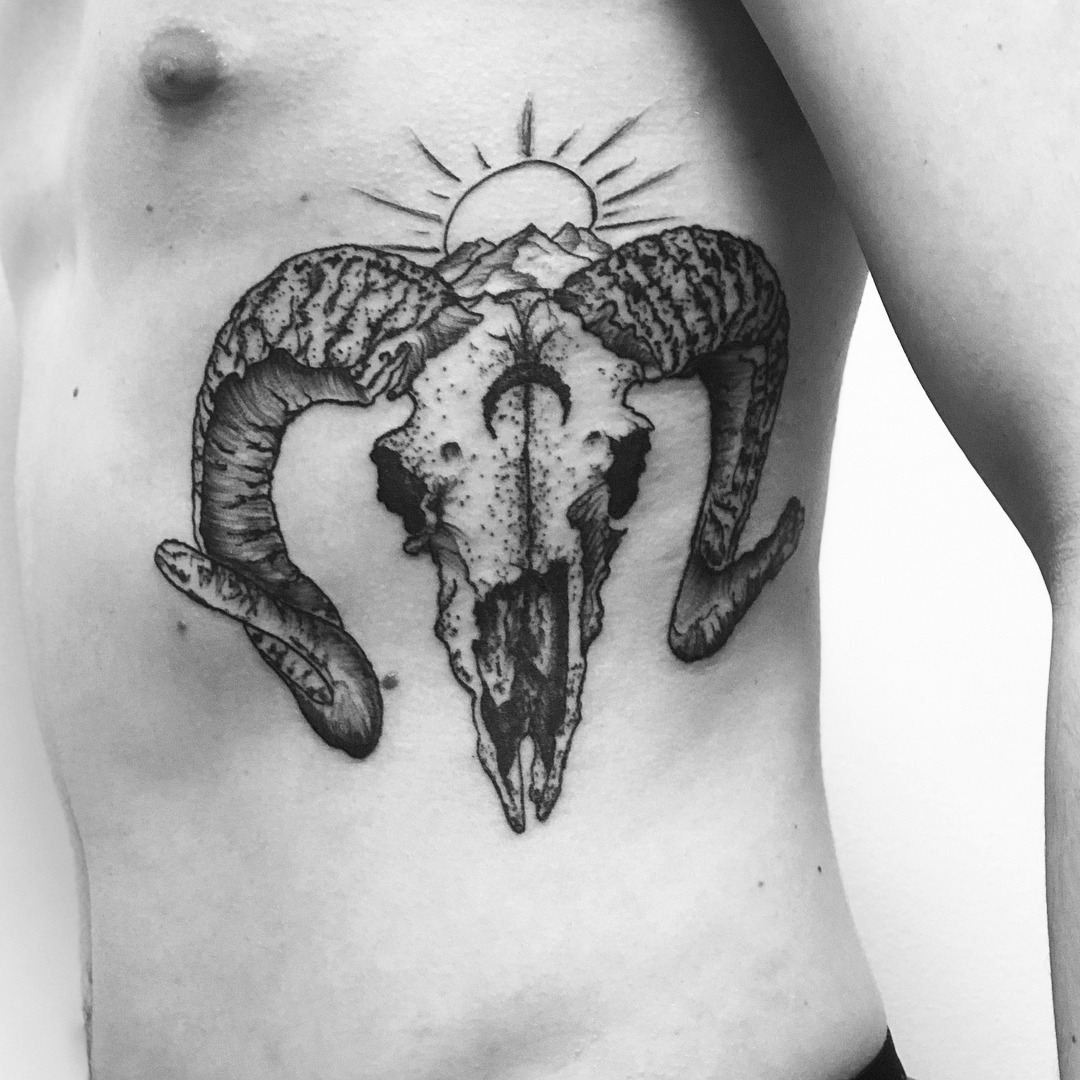 Stylish Aries Tattoo Featuring Ram Skull Design Tattoo Design