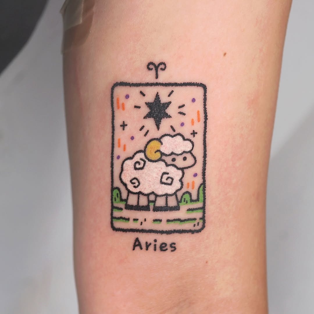 Whimsical Aries Sheep Tattoo with Star Tattoo Design