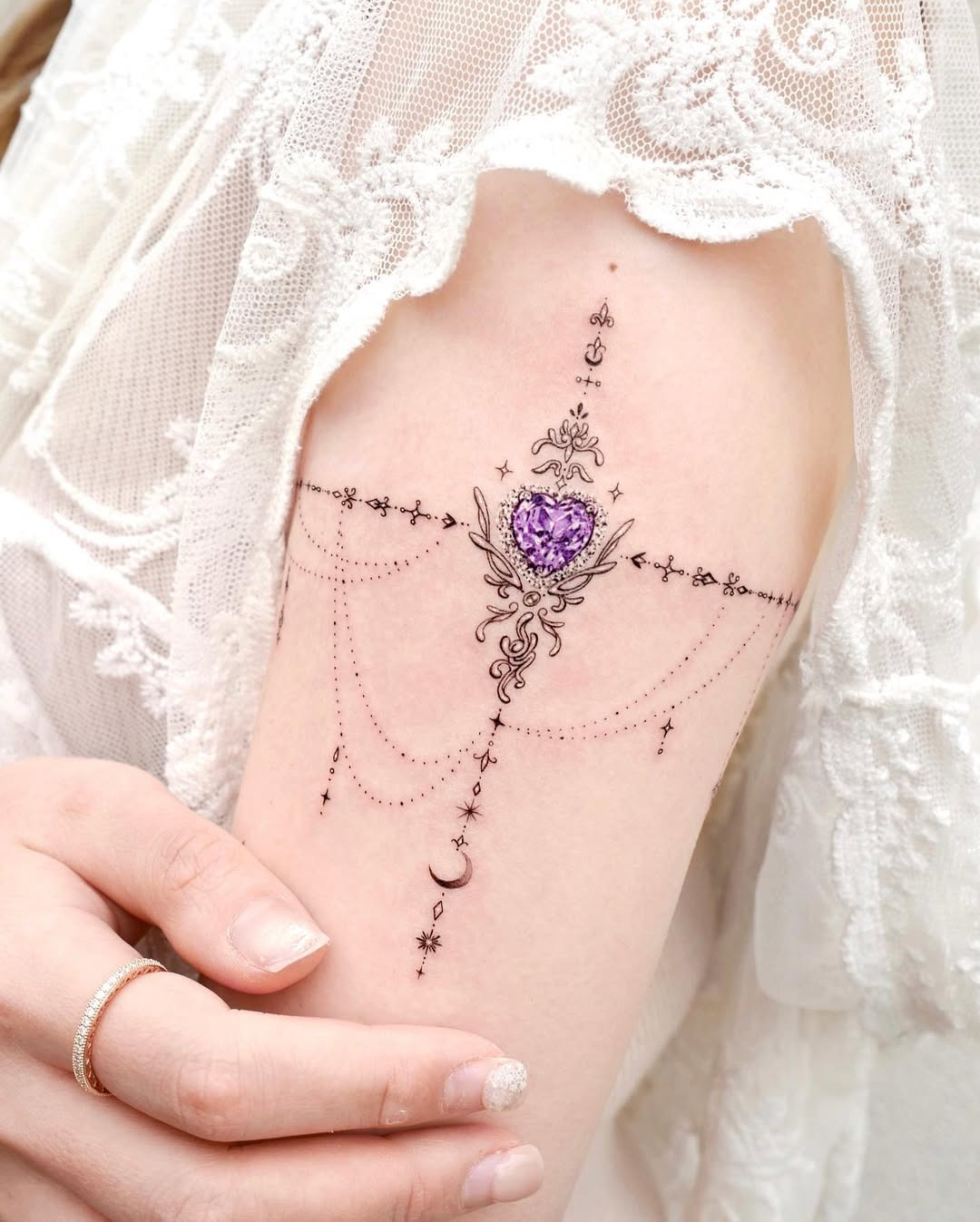 Elegant lace arm tattoo with gemstone heart Tattoo Design