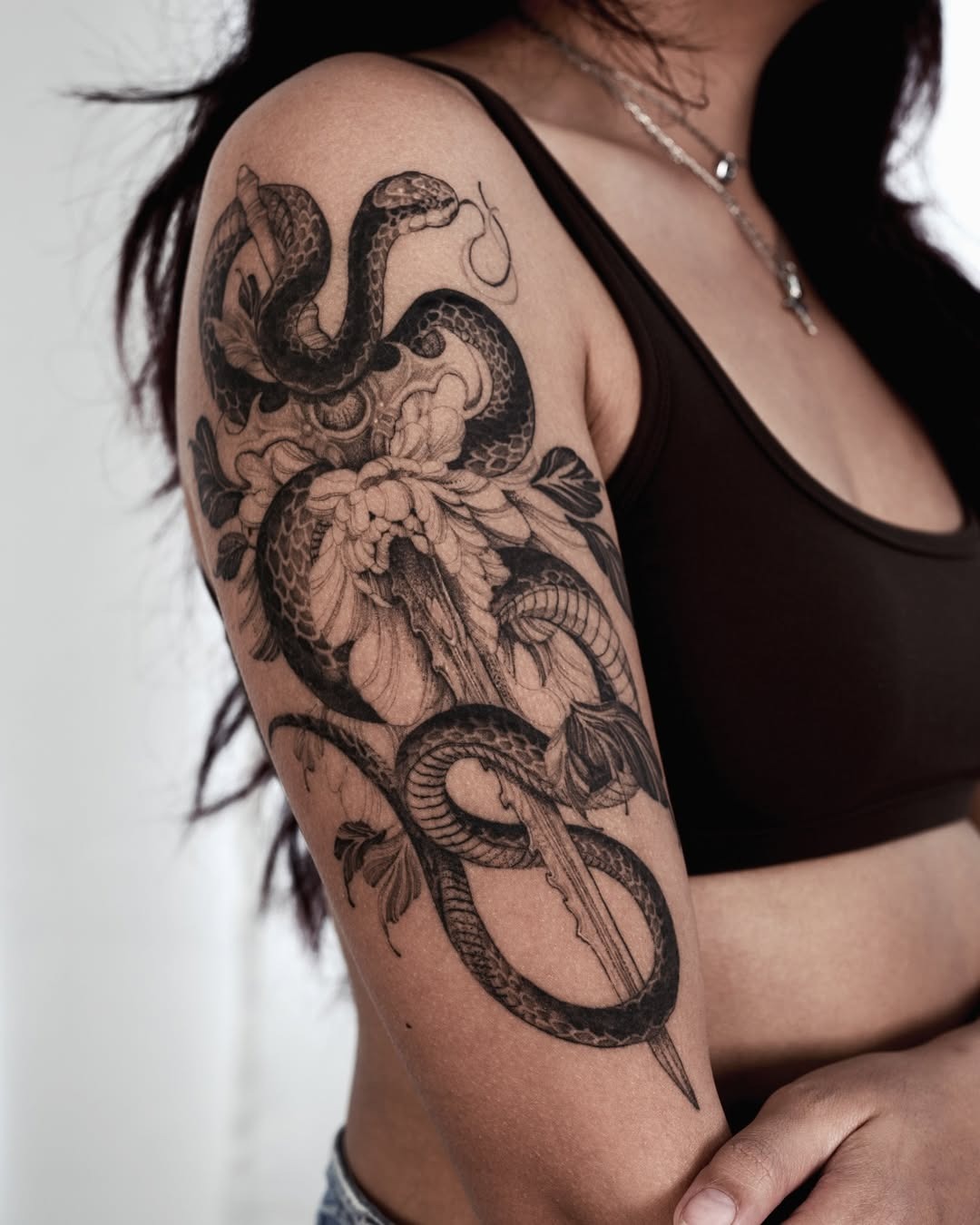 Stunning Snake and Floral Arm Tattoo Design Tattoo Design