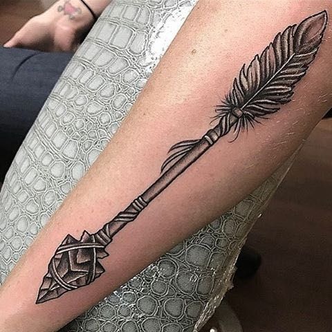 Detailed Forearm Arrow with Feather Tattoo Design